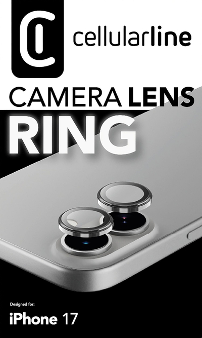 Mbrojtës kamerë Cellularline për iPhone 17 17 Pro 17 Pro Max, unazë xhami, transparente
