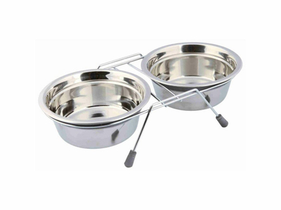 Set për qen Trixie Stainless Steel Stand, 2 tasa çeliku inox 900 ml, me unazë që s’e lë të lëvizë