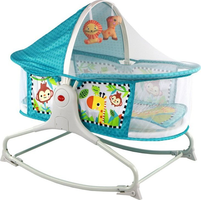Djep kalamajsh 2 në 1 Bassinet, me tinguj, me lodra varëse, blu