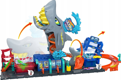 Set garash Hot Wheels City Ultra Shark Car Wash, Color Reveal, pistë me peshkaqen të madh, shumëngjyrësh