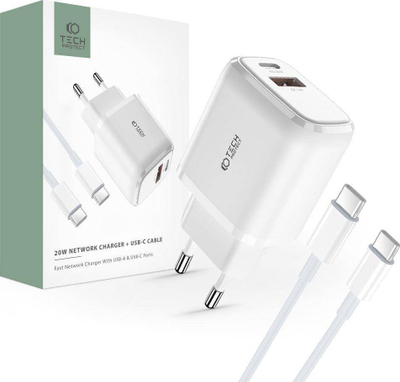 Karikues rrjeti Tech-Protect C20W, 20W PD QC 3.0, 2 porta, me kabllo USB-C, i bardhë