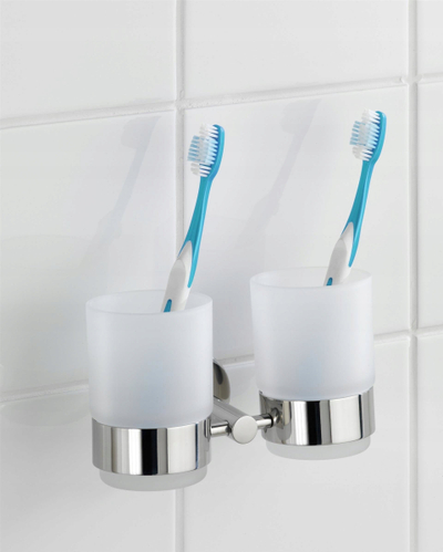 Mbajtëse furçash dhëmbësh për mur Wenko BOSIO, 2 gota xhami, metal, ngjyrë argjendi