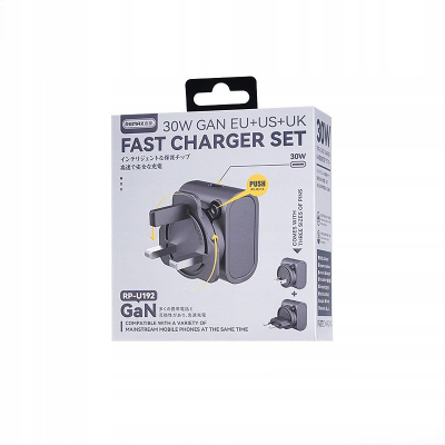 Полнач Remax 30W GaN, USB C, адаптер EU US UK, црн
