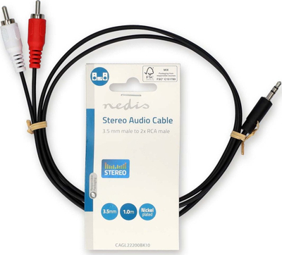 Kabllo audio stereo Nedis CAGL22200BK10, 3.5mm në 2x RCA, 1m, i zi