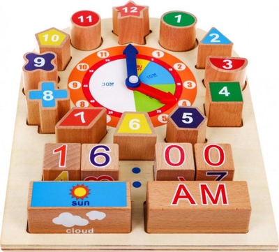 Lodër edukative druri Muqiy The Building Blocks Clock, orë dhe kalendar, shumëngjyrëshe