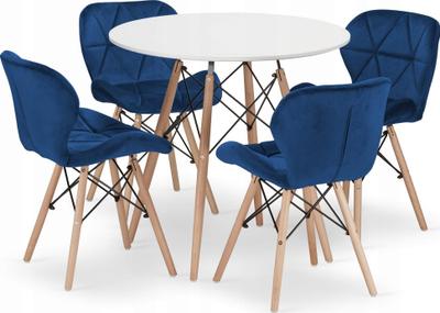 Set tavoline rrethore TODI, 80cm, 4 karrige LAGO kadife blu e errët, këmbë druri