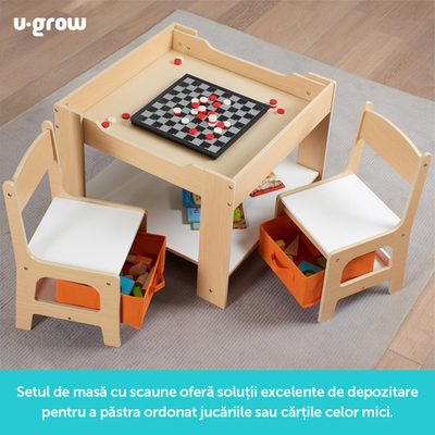 Set tavolinë dhe 2 karrige për fëmijë U-Grow, dru natyral, ngjyrë natyrale