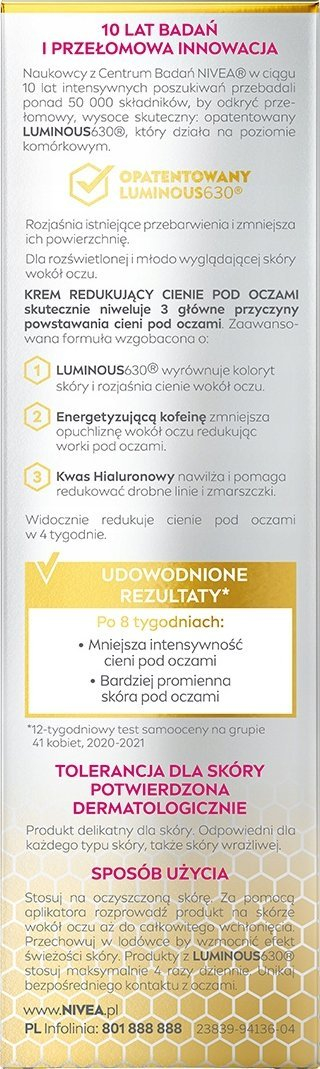 Krem për sy Nivea Visage Cellular Luminous630, 15ml, kundër rrathëve të zinj