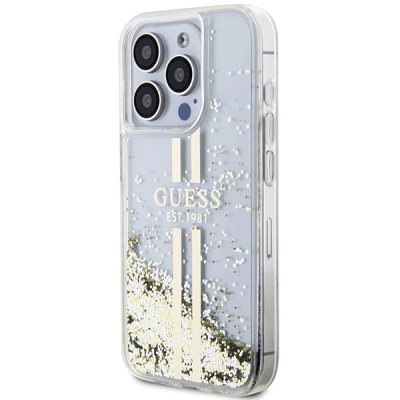 Kapak telefoni Guess Liquid Glitter Gold Stripes, për iPhone 15 Pro Max,transparent
