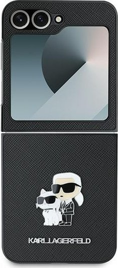 Mbulesë telefoni Karl Lagerfeld Saffiano Metal Pin për Samsung Galaxy Z Flip 6, me figurë, e zezë
