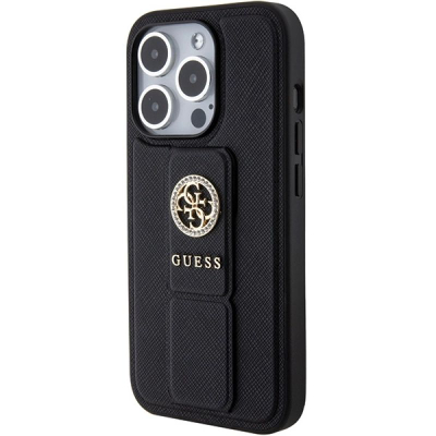 Mbrojtëse telefoni Guess Grip Stand 4G Saffiano Strass për iPhone 15 Pro Max, me mbajtëse, e zezë