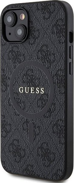 Kuti telefoni Guess 4G Collection Leather Metal Logo MagSafe, për iPhone 15 Plus 14 Plus, e zezë