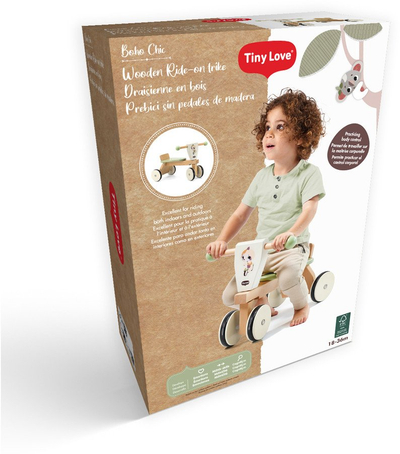 Biçikletë balancuese druri Tiny Love Wooden Baby Trike, rrota me gomë, dizajn i rehatshem natyral