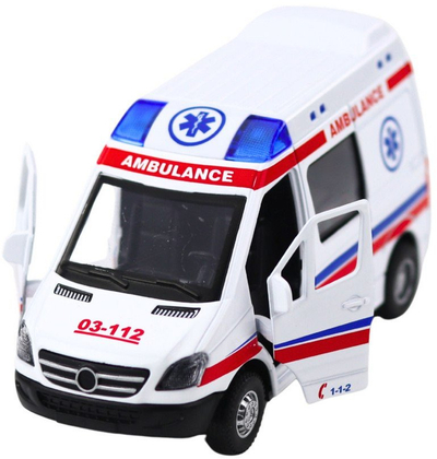 Lodër furgon autoambulancë metal, 1:32, me tërheqje mbrapa, drita edhe zhurma, e bardhë