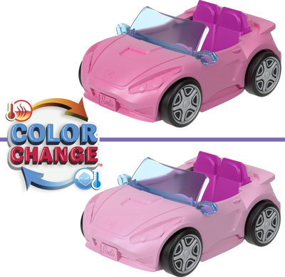 Set lodrash Barbie Mini BarbieLand HYF42, kukull 4 cm, makinë kabrio me ndryshim ngjyre, rozë