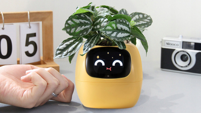 Vazo inteligjente PLANTSIO Smart Pet Planter Robot, udhëzues për përkujdesjen e bimëve, ndërvepron me emoji, e verdhë