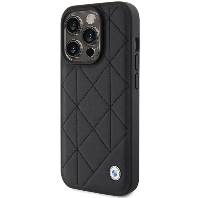 Këllëf telefoni BMW për iPhone 15 Pro Max, lëkurë quilted, me mbrojtje anësore, i zi