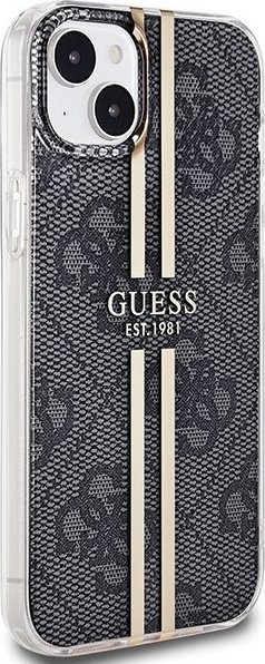 Mbrojtëse telefoni Guess IML 4G Gold Stripe për iPhone 15 14 13, 6.1", e zezë