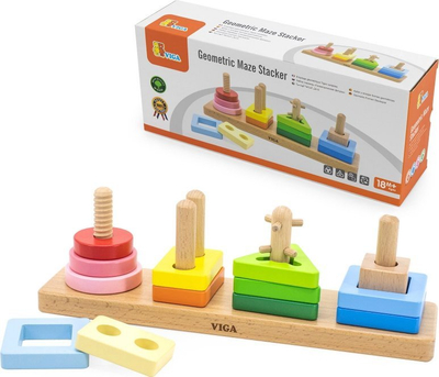 Lodër druri Viga Geometric Maze Stacker, sorter gjeometrik, 12 copë, me shumë ngjyra