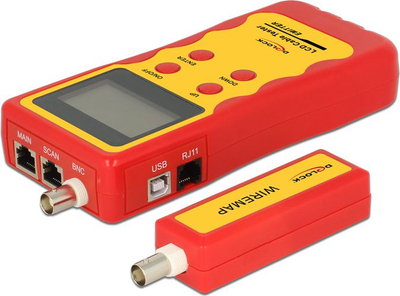 Tester kabllosh DeLOCK 86108, me LCD, për rrjet edhe USB, i kuq me të verdhë