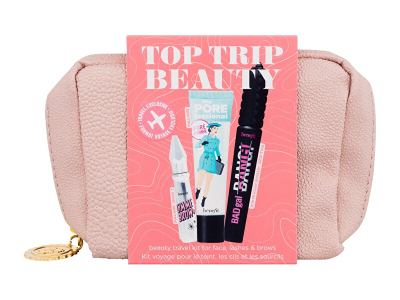 Set për femra Benefit Top Trip Beauty Gift Set, maskarë 8.5 g + xhel për vetulla 3 g + primer + çantë kozmetike