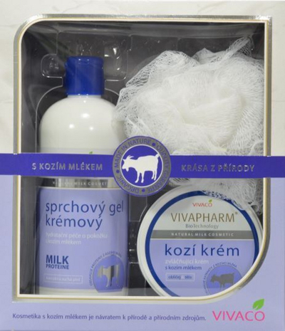 Set për kujdes të fytyrës dhe lëkurës Vivaco Goat, xhel dushi 400 ml + krem zbutës 250 ml