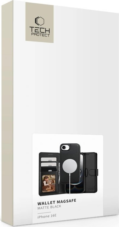 Kapak portofol Tech-Protect Wallet MagSafe për iPhone 16E, lëkurë eko, me qëndrim, i zi