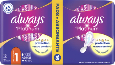 Peshqirë higjienikë Always Platinum Normal Duo, madhësia 1, 16 copë