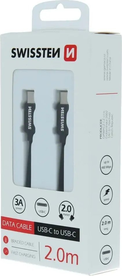 Kabllo të dhënash Swissten USB C në USB C, me stof, 2m, e zezë