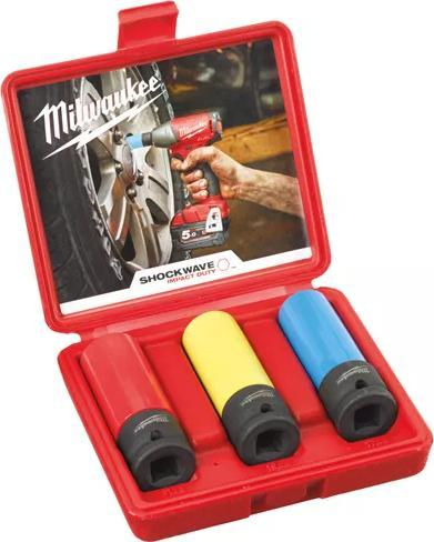 Set me koka çelësash goditës Milwaukee Shockwave Automotive, 3 copë, çelik aliazh, në kuti plastike të kuqe
