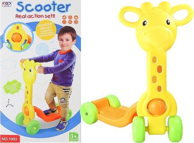 Sekuter për kalamaj Leantoys NO.1003, 4 rrota, me formë xhirafe, i verdhë