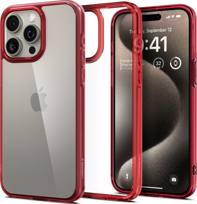 Kapotë telefoni Spigen Ultra Hybrid për iPhone 15 Pro, transparente, e kuqe e errët