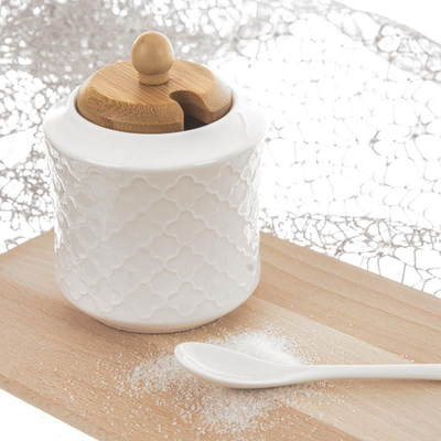 Enë sheqeri Orion WhiteLine, porcelan 11.5 cm, kapak bambuje, e bardhë