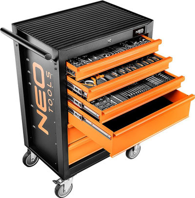 Karrocë me vegla NEO Tools 84-221-9, 6 sirtarë, 149 vegla, portokalli