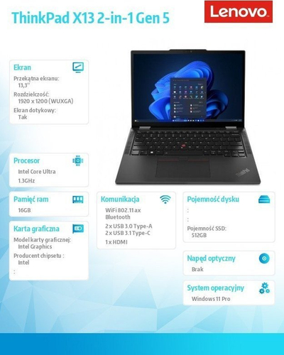 Laptop Lenovo ThinkPad X13 2-in-1 Gen 5, 13.3", Ultra 5 125U, 16GB RAM, 512GB SSD