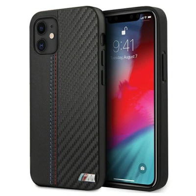 Mbulesë telefoni BMW M Collection Carbon Stripe për iPhone 12 mini, lëkurë PU, e zezë