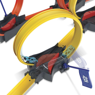 Pistë lodër Hot Wheels Multi Loop Race Off, pistë garash me ca loope, me ngjyra nga të gjitha