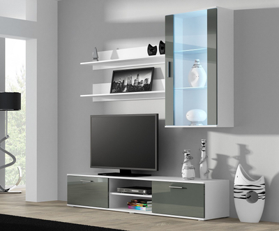 Komodë TV Chest Bed Meble Soho 180, MDF dhe panel i laminuar, e bardhë gri me shkëlqim
