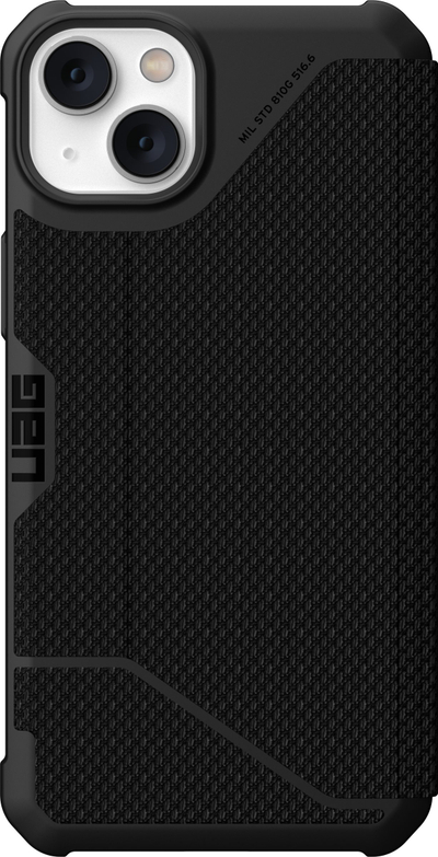 Kuti mbrojtëse me kapak Urban Armor Gear Metropolis për iPhone 14 Plus, kevlar, e zezë