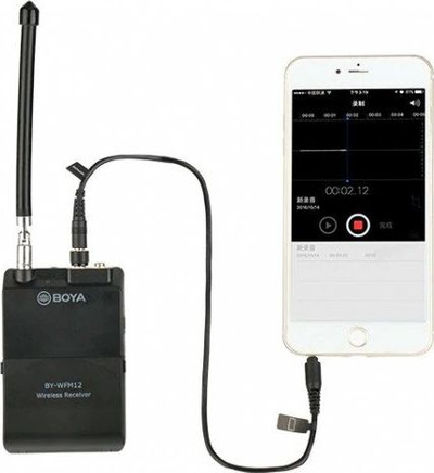 Sistem mikrofoni wireless BOYA BY-WFM12, VHF me 12 kanale, për smartphone, DSLR e PC, ngjyrë e zezë
