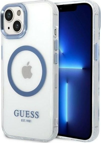 Mbulesë telefoni Guess GUHMP14MHTRMB për iPhone 14 Plus 6.7", MagSafe, blu transparente