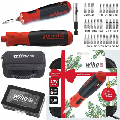 Kaçavidë elektrike Wiha Speed-E Pocket Drive, 3.7V Li-Ion, set 31 bit, e kuqe e zezë