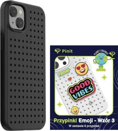 Mbrojtëse telefoni Pinifit Pinit Dynamic për iPhone 14 Plus 15 Plus 6.7", me emoji pin, e zezë me bozhure