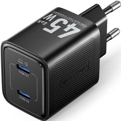 Ѕиден полнач Vention FEFB0 ЕУ, 45W, УСБ Ц со 2 порти, црн