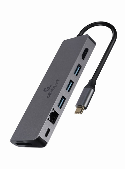 Përshtatës Gembird A-CM-COMBO5-05, USB Type-C, 5-in-1, Hub, HDMI, PD, card reader, LAN, i hirtë
