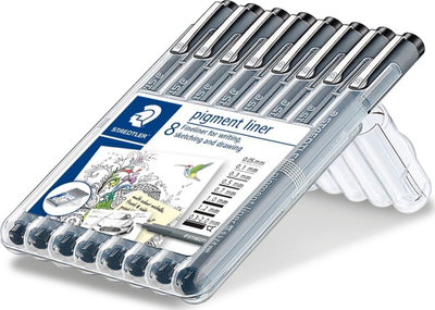 Set stilolapsa Staedtler Pigment Liner Fineliner, 8 copë, trashësi të përziera, të zinj
