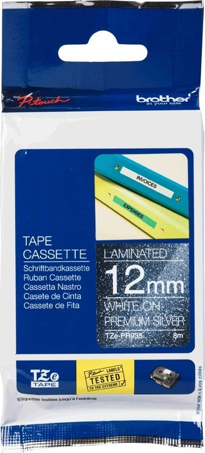 Shirit etiketues Brother TZE-PR935, 12mm, tekst i bardhë në sfond argjendtë
