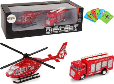 Set lodrash LeanToys Fire Department, vetura zjarrfikëse pull back, helikopter i kuq