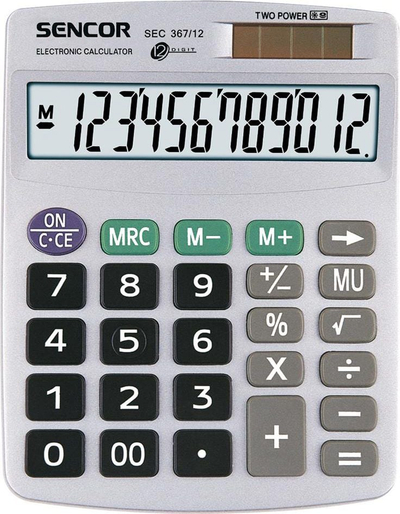 Kalkulator tavoline Sencor SEC 367/12, ekran 12 shifra, energji solare dhe bateri, gri