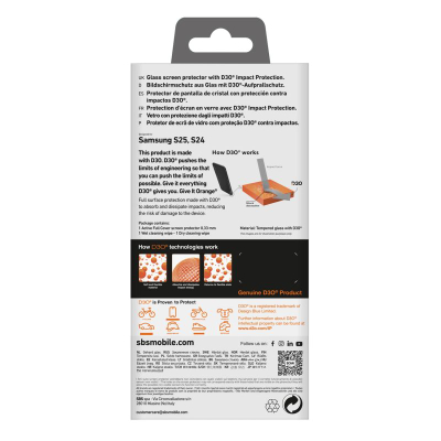Xham mbrojtës telefoni SBS Display Glass Samsung Galaxy S25, 1 copë, material D3O, transparent